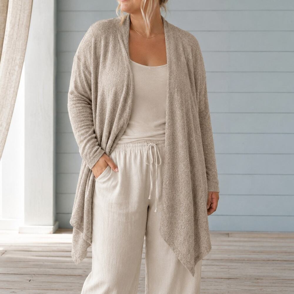 Barefoot Dreams Bamboo Chic Lite Taupe Waterfall Cardigan L/XL Style 436